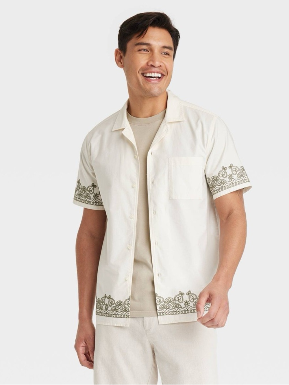 Men's Short Sleeve Embroidered Button-Down Shirt - Goodfellow & Co™ Cream XXL